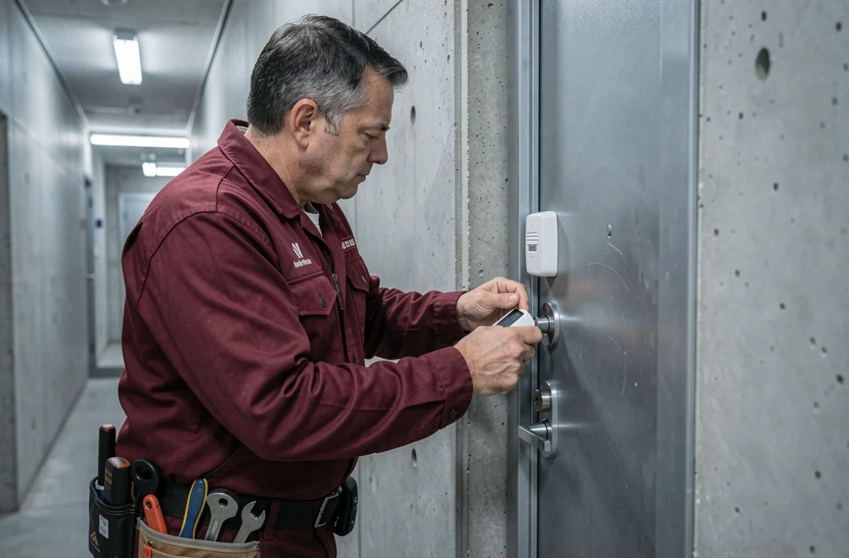 Professionnel d'ADB Sécurité installant une serrure renforcée et un capteur d'alarme sur une porte métallique