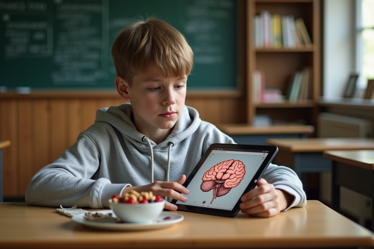 Adolescent étudiant un schéma du cerveau sur une tablette