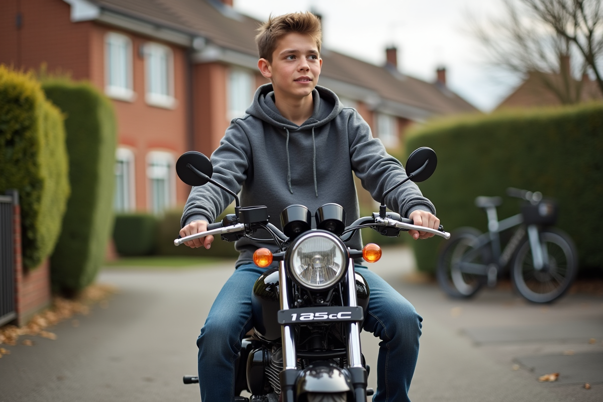 Ado sur moto 125cc dans une cour de banlieue