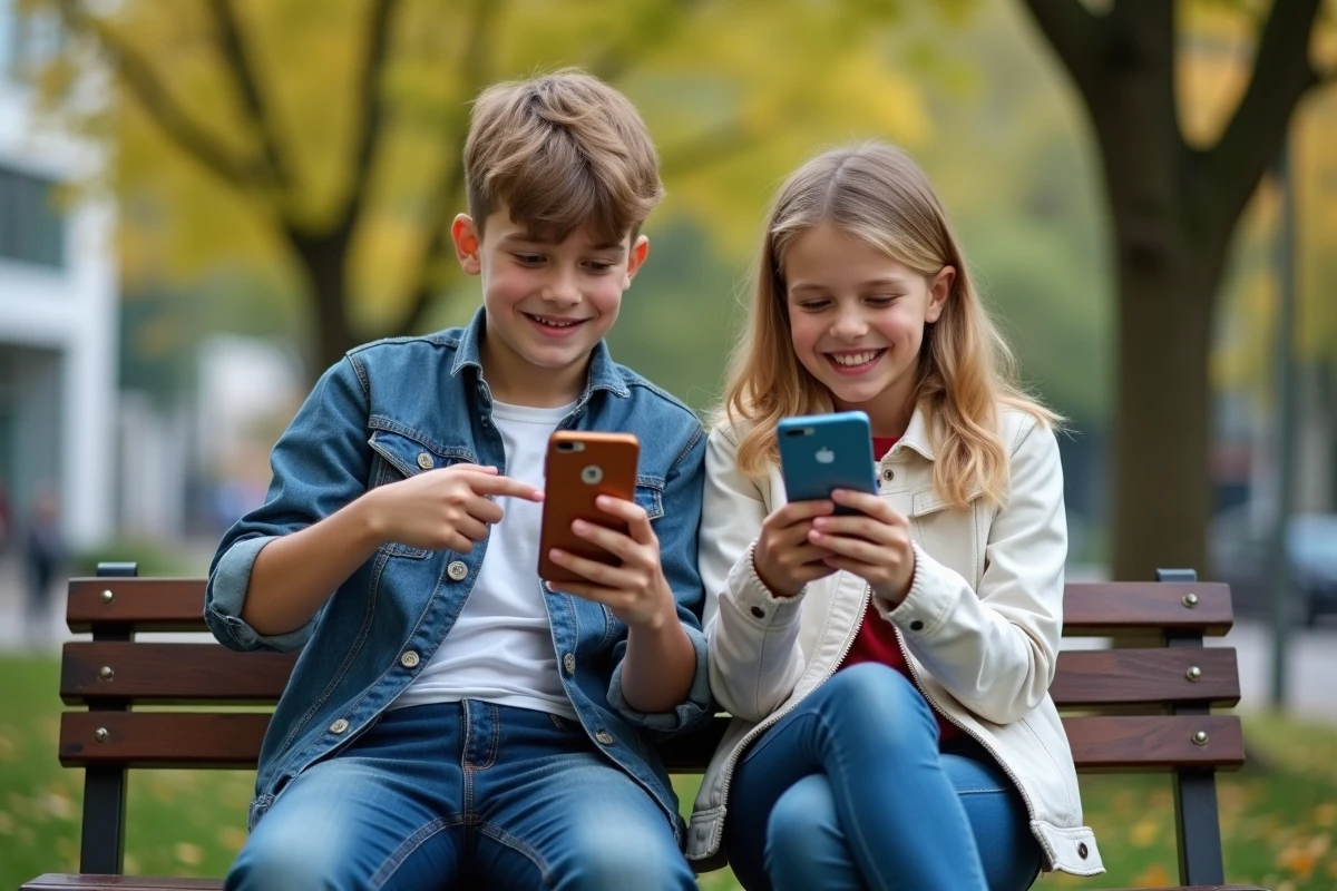 Deux adolescents souriants avec smartphones dans un parc urbain