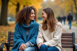 Deux femmes assises sur un banc en automne échangeant un regard sincère