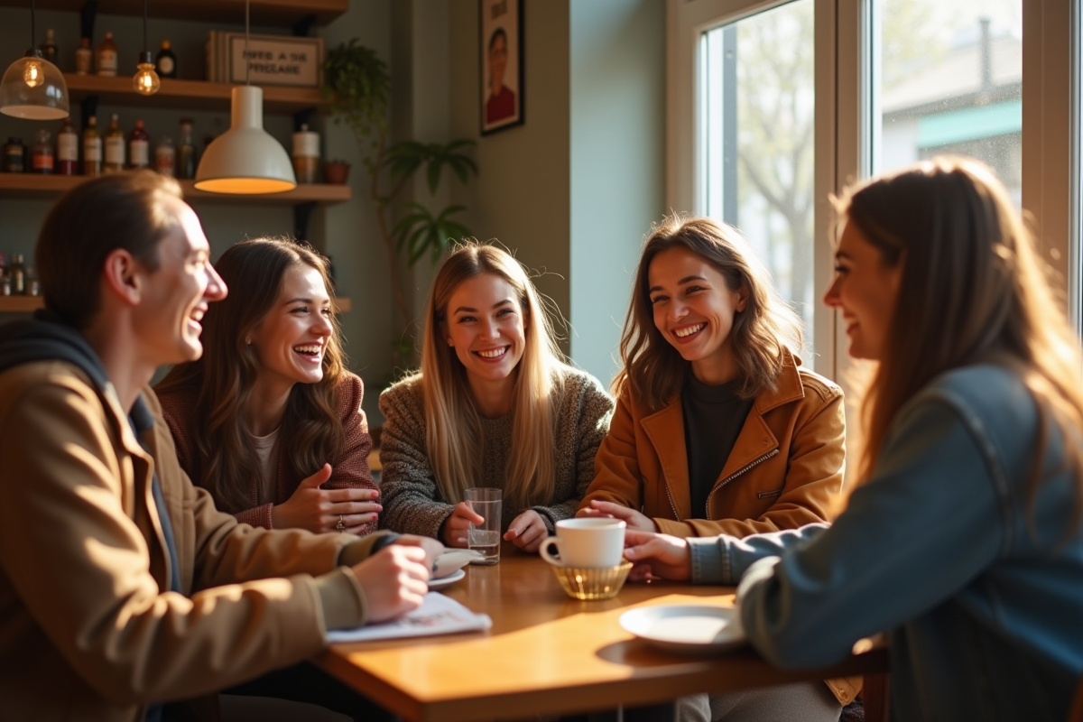 Groupe d amis dans un café avec mode tendance