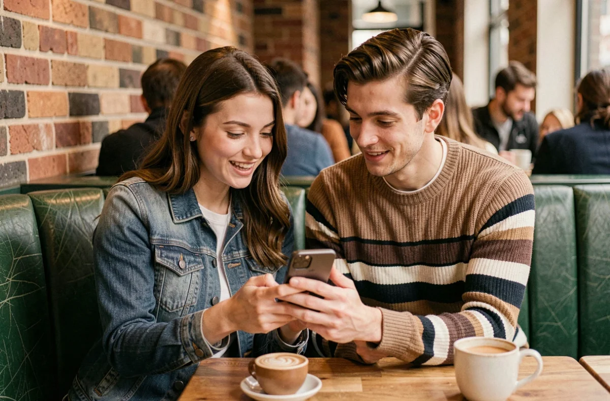 Deux amis assis dans un café discutant d'une série manga sur un smartphone, illustrant l'utilisation d'une plateforme de scans en ligne