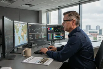 Analyste en défense consultant des tableaux de bord stratégiques sur plusieurs écrans dans un bureau de veille militaire moderne