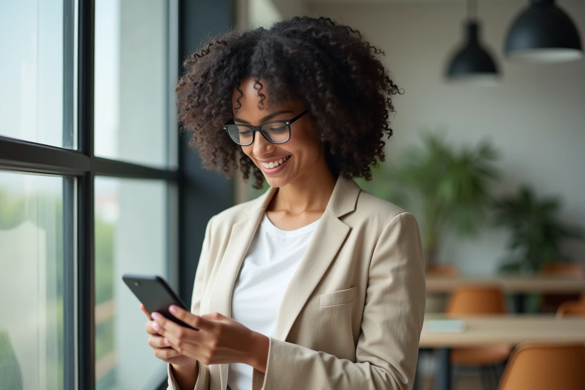 Jeune femme utilisant une application de recherche inversée pour identifier un numéro de téléphone inconnu
