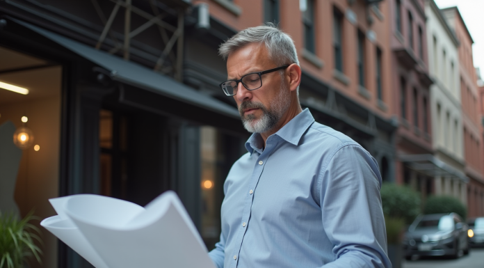 Architecte homme en extérieur devant un chantier urbain