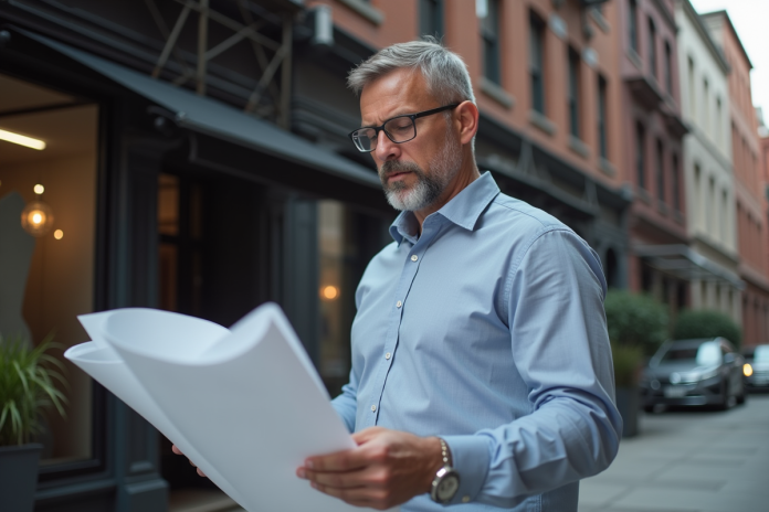 Architecte homme en extérieur devant un chantier urbain
