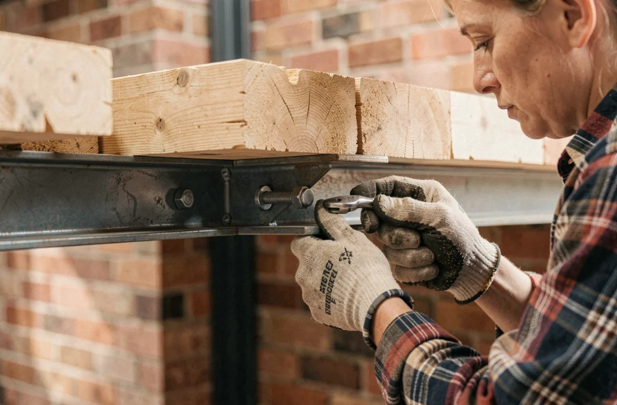 Détail d'assemblage d'une structure de mezzanine en cornière acier avec poutres bois dans un loft en briques