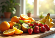 Sélection de fruits frais sur une table en bois ensoleillée