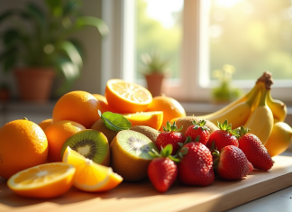 Sélection de fruits frais sur une table en bois ensoleillée