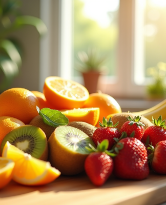 Sélection de fruits frais sur une table en bois ensoleillée