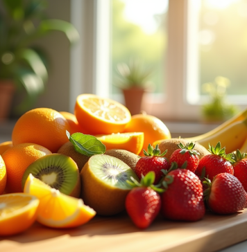 Sélection de fruits frais sur une table en bois ensoleillée