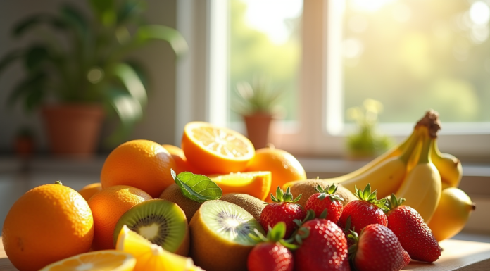 Sélection de fruits frais sur une table en bois ensoleillée