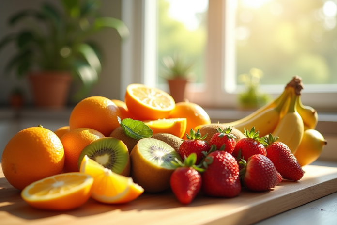 Sélection de fruits frais sur une table en bois ensoleillée
