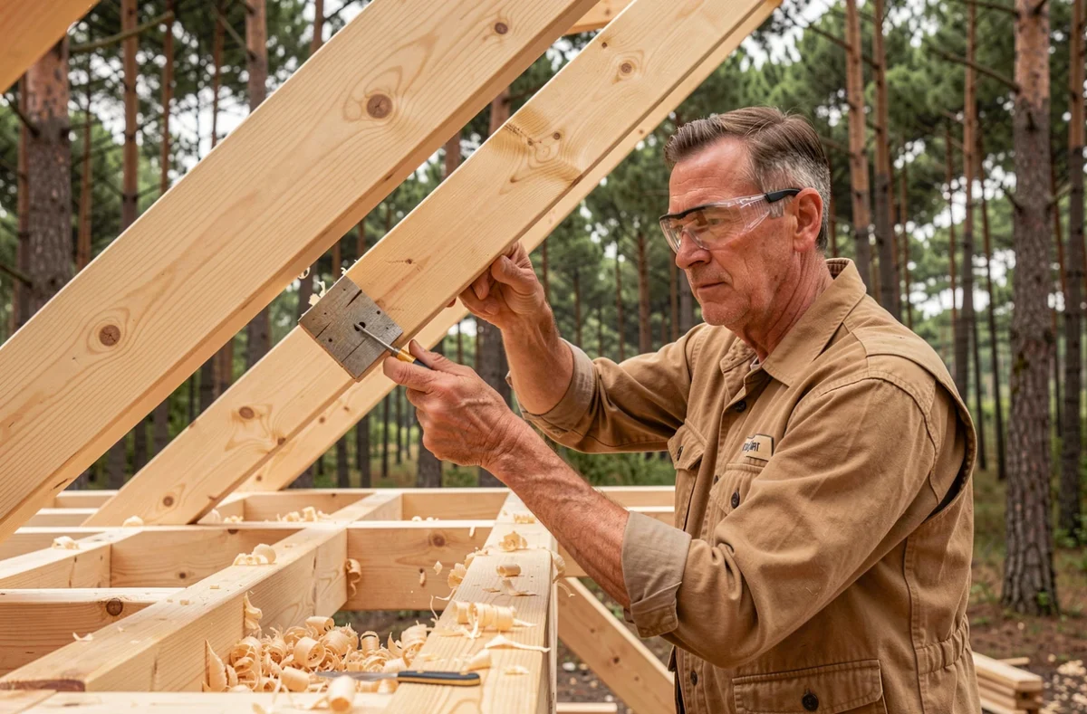 Artisan de l'Atelier Bois Couverture assemblant une charpente en bois dans la forêt de Gironde