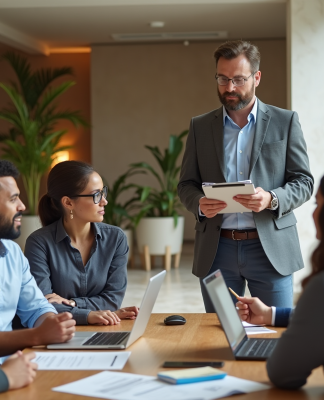 Auditeur energie en réunion dans un hall moderne d'immeuble