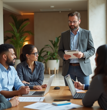 Auditeur energie en réunion dans un hall moderne d'immeuble