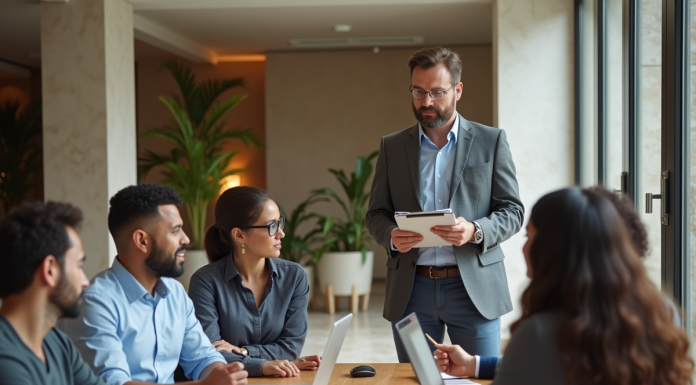 Auditeur energie en réunion dans un hall moderne d'immeuble