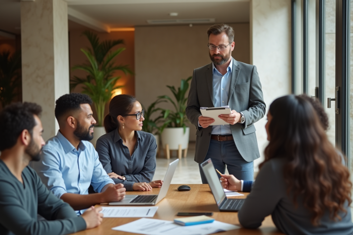 auditeur-energie-conseil-residentiel Auditeur energie en réunion dans un hall moderne d'immeuble