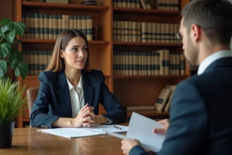 Femme avocate en consultation avec un client après un accident, bureau juridique professionnel