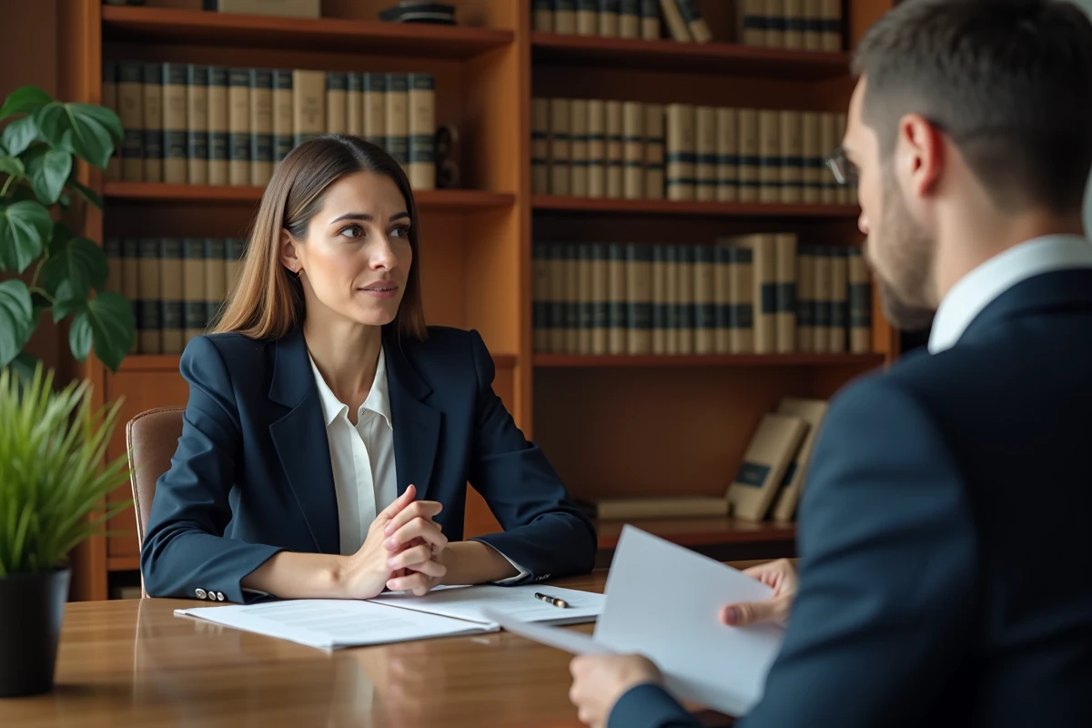 Femme avocate en consultation avec un client après un accident, bureau juridique professionnel