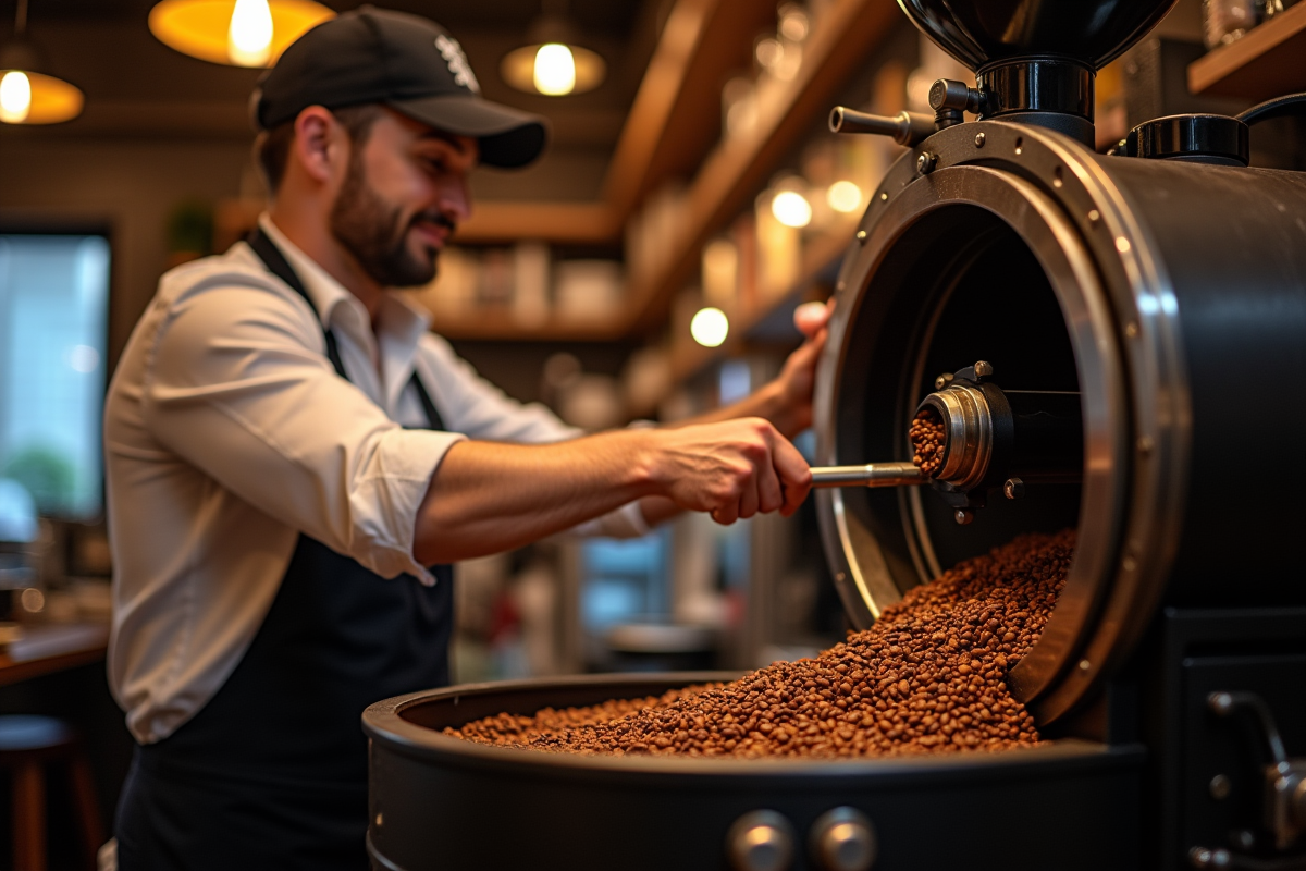 Barista souriante versant des grains de café dans une machine à torréfier