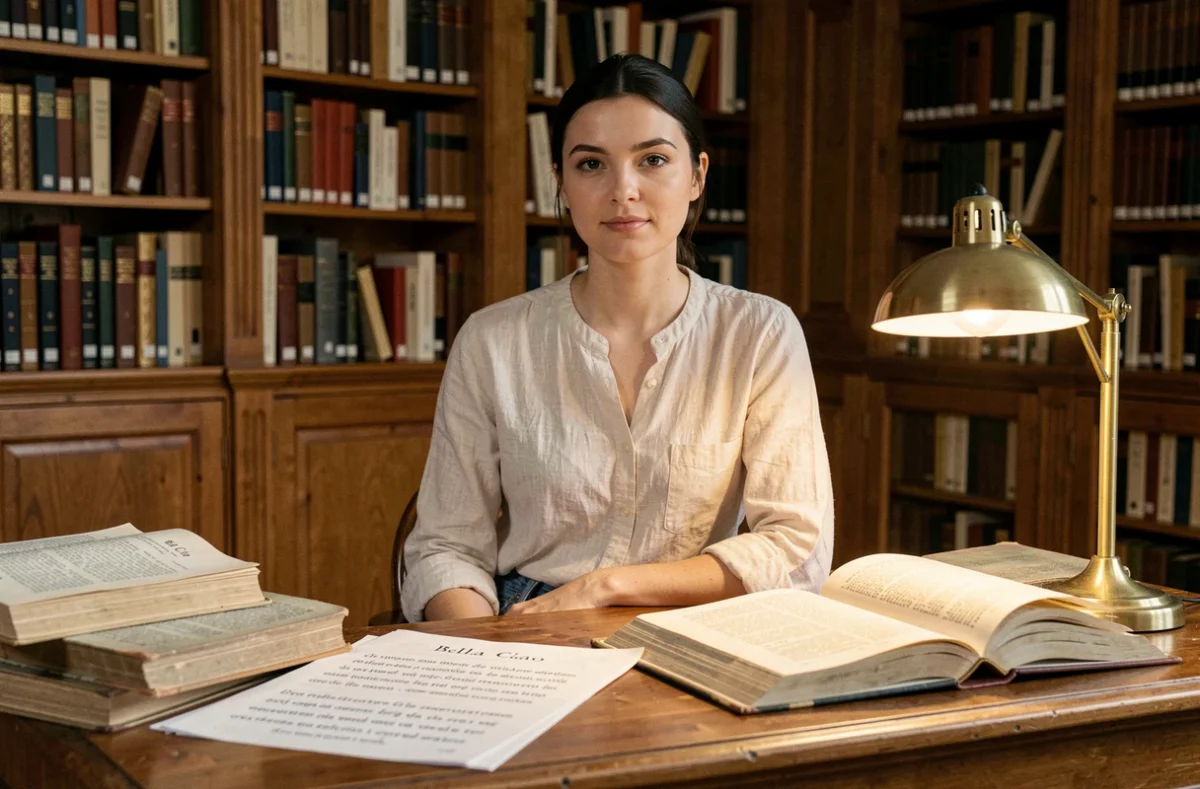 Jeune femme étudiant les variantes textuelles de Bella Ciao dans une bibliothèque historique avec des partitions et des livres anciens