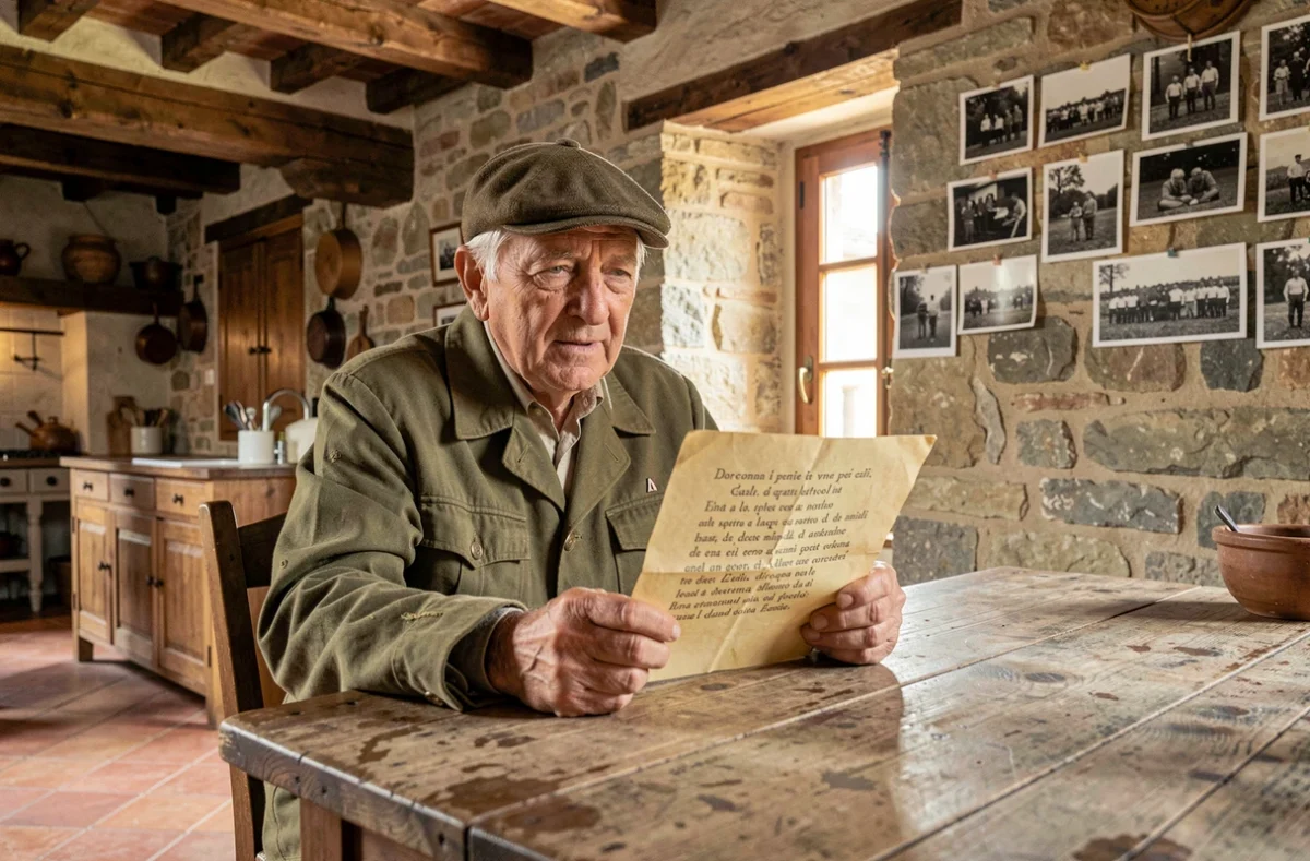Vieil homme italien tenant une feuille de paroles manuscrites de Bella Ciao dans une ferme traditionnelle du nord de l'Italie