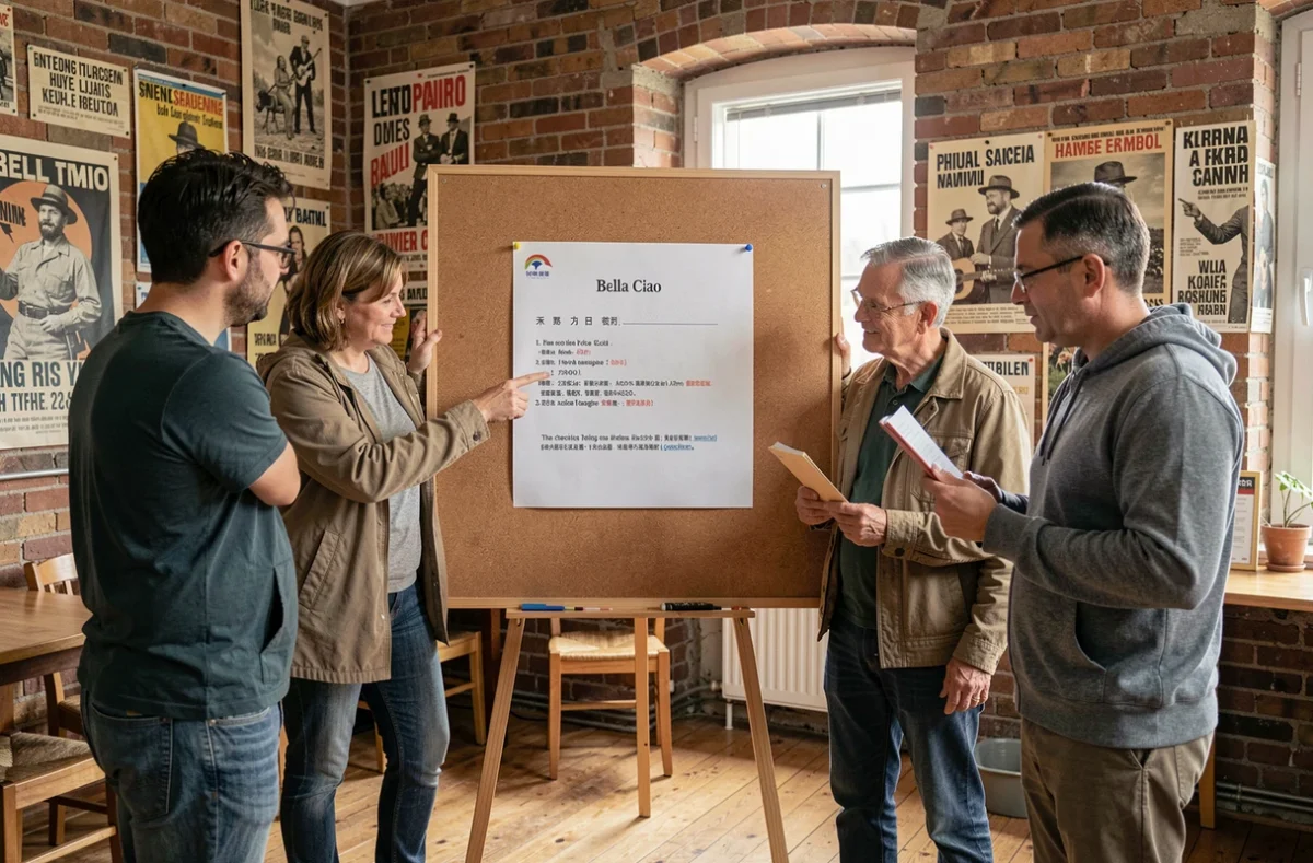 Groupe d'adultes analysant une traduction bilingue de Bella Ciao affichée sur un tableau dans un centre culturel