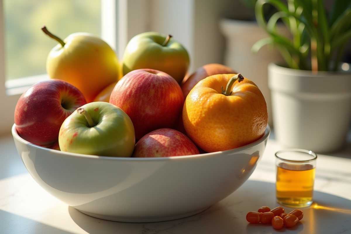 Bol de fruits frais avec capsules vitamine B12 à côté