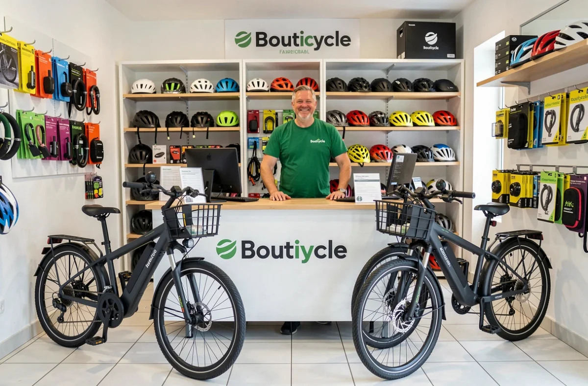 Propriétaire de Bouticycle à Roanne devant son rayon de vélos électriques et d'accessoires