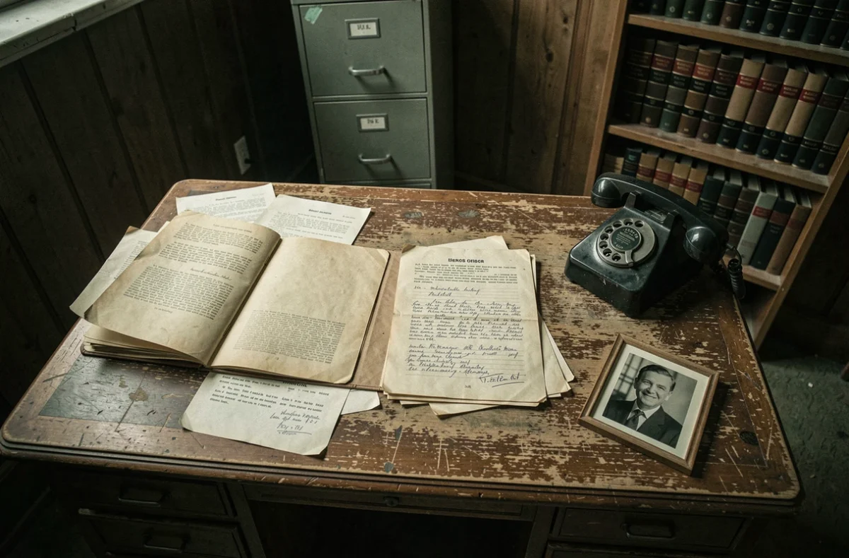 Bureau vintage des années 1950 avec dossiers et documents d'enquête évoquant l'affaire Ruth Finley et la série Un tueur parmi nous