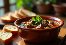 Plat de carbonade de boeuf dans un bol en céramique rustique