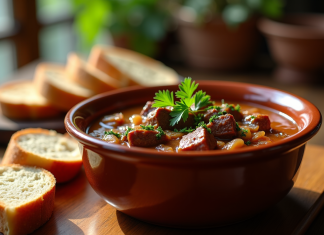 Comment préparer une délicieuse carbonade de boeuf ? Plat de carbonade de boeuf dans un bol en céramique rustique