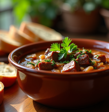 Plat de carbonade de boeuf dans un bol en céramique rustique