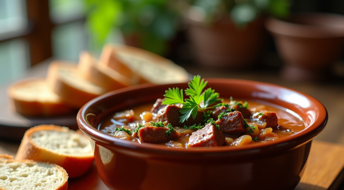 Plat de carbonade de boeuf dans un bol en céramique rustique