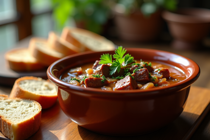 carbonade-boeuf-rustique Plat de carbonade de boeuf dans un bol en céramique rustique