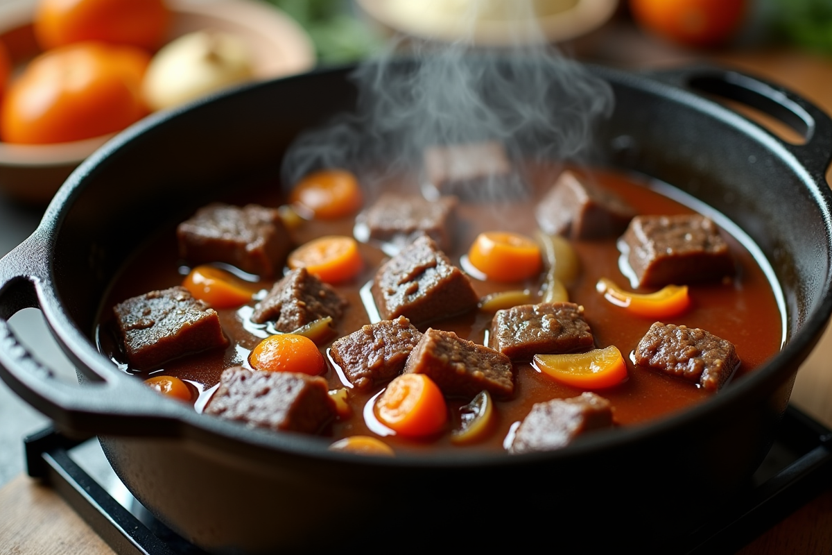 Gros plan sur la carbonade de boeuf dans une cocotte en fonte