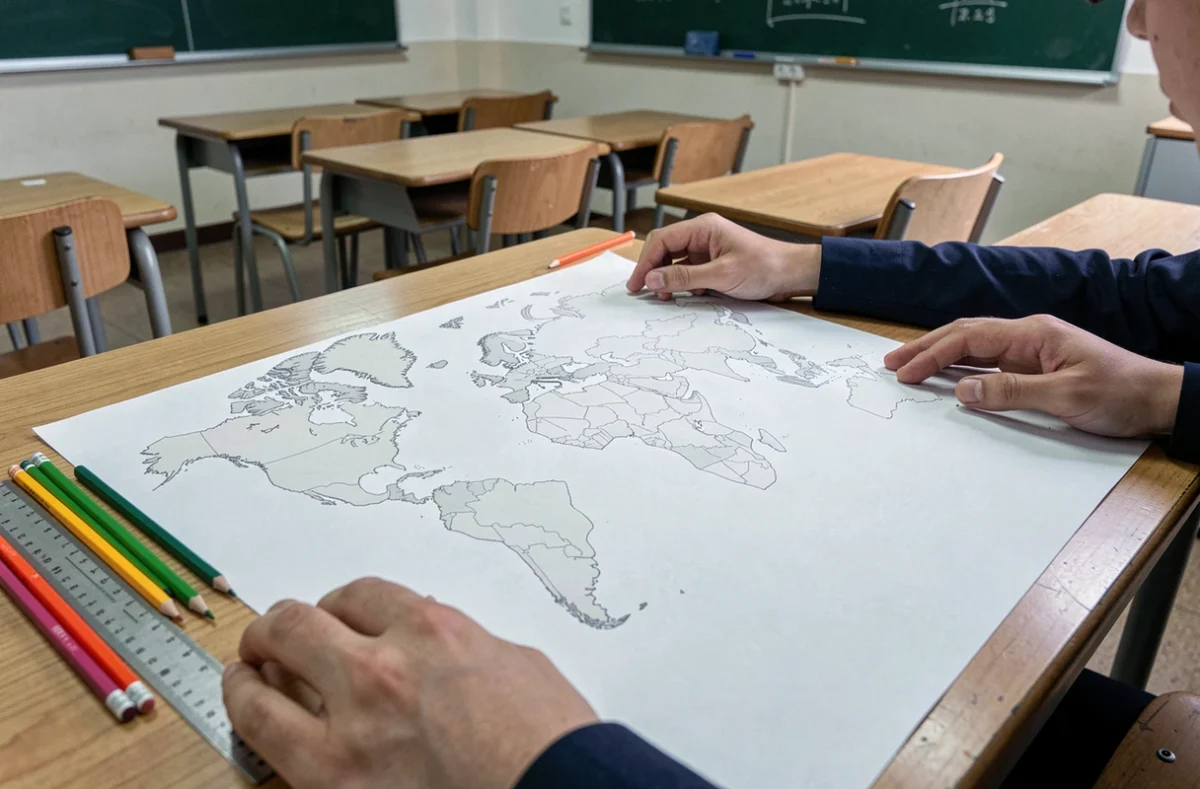 Mains d'un élève sur une carte du monde vierge avec frontières posée sur un bureau de salle de classe avec des crayons de couleur