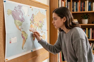 Jeune femme pointant une carte du monde vierge avec frontières épinglée sur un tableau en liège dans un bureau cosy
