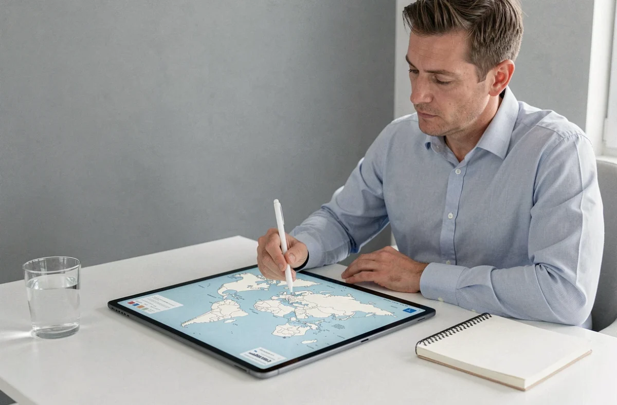 Homme étudiant une carte du monde vierge avec frontières affichée sur une tablette numérique dans un bureau minimaliste moderne
