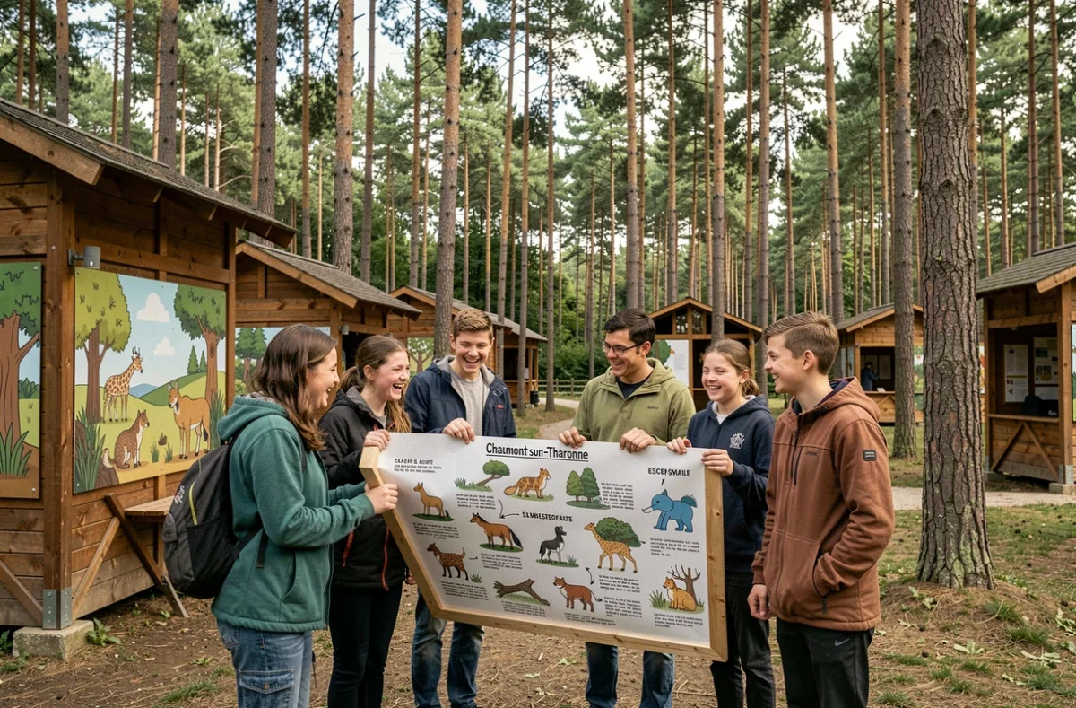 Famille jouant à un escape game en plein air dans le cadre naturel de Center Parcs Les Hauts de Bruyères à Chaumont-sur-Tharonne