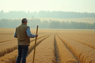 Vue panoramique d'un champ agricole de 10 hectares avec un géomètre tenant une perche de mesure, illustrant l'échelle d'une grande surface foncière