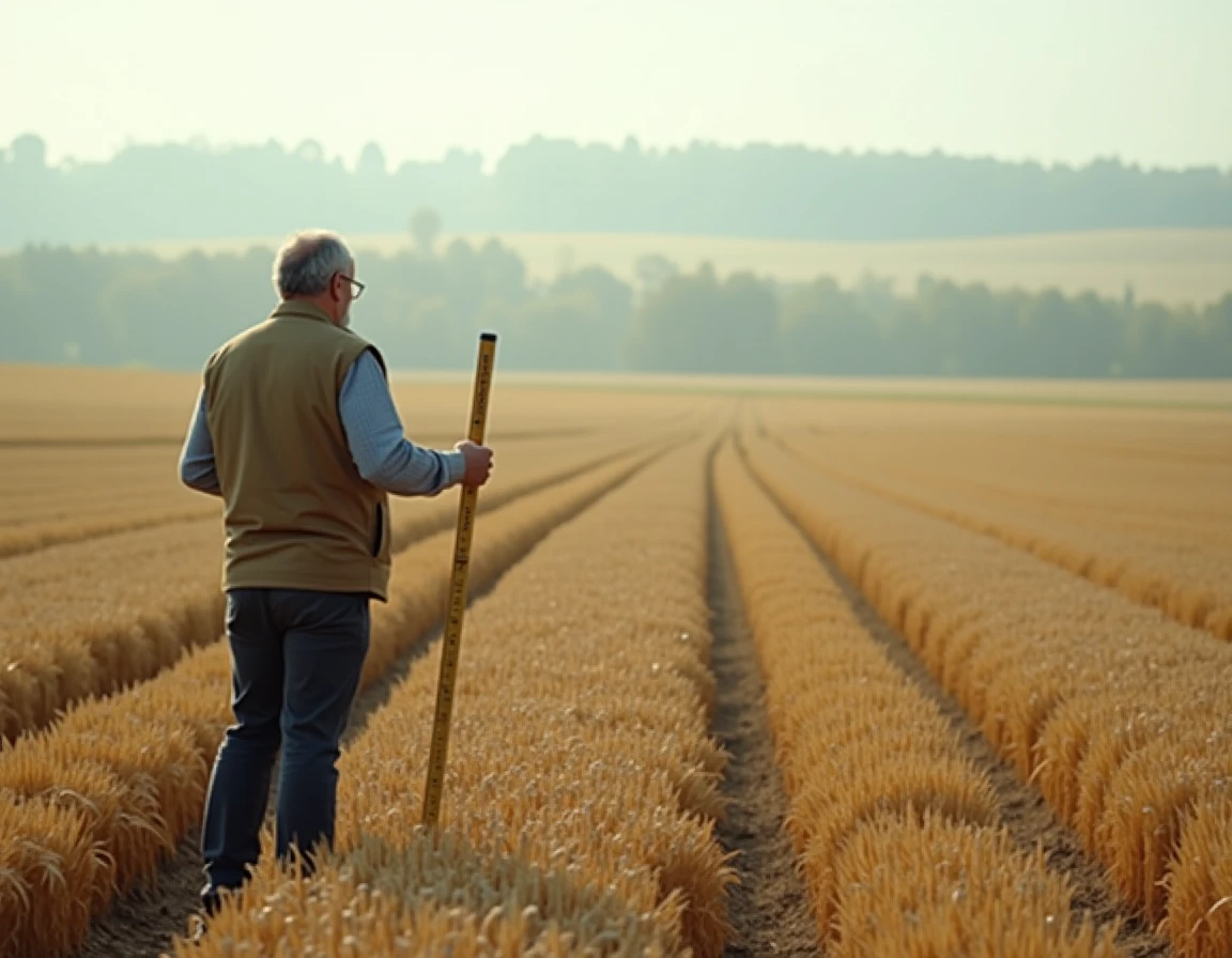 Vue panoramique d'un champ agricole de 10 hectares avec un géomètre tenant une perche de mesure, illustrant l'échelle d'une grande surface foncière