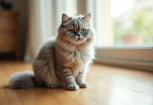 Chat persan chinchilla assis sur un sol en bois clair
