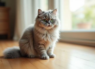 Chat persan chinchilla assis sur un sol en bois clair