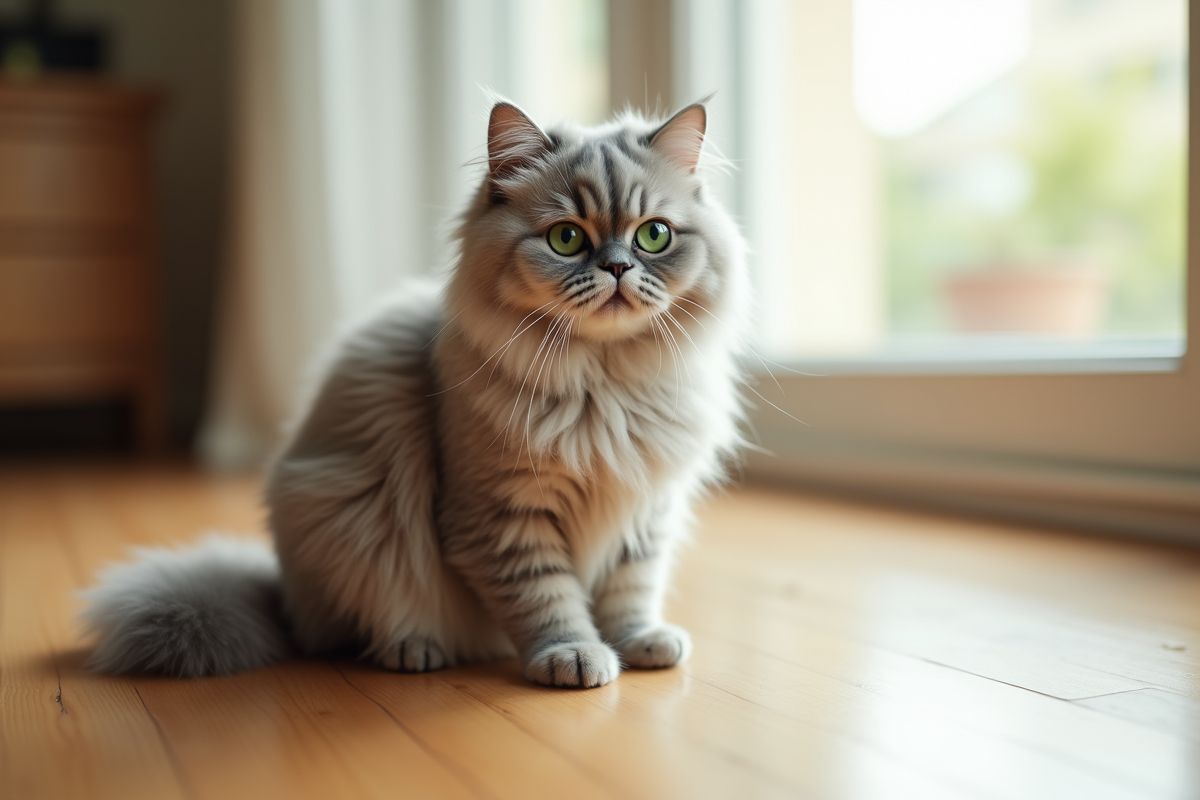 Chat persan chinchilla assis sur un sol en bois clair