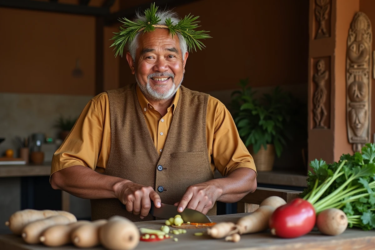Chef kanak en pleine préparation de légumes traditionnels