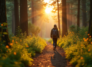 Personne marchant dans la forêt au coucher de soleil