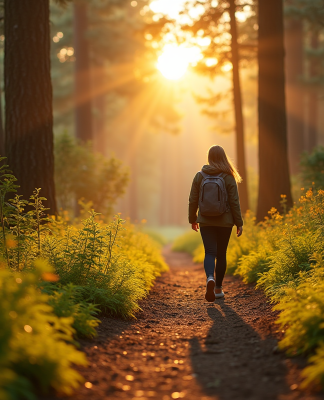 Personne marchant dans la forêt au coucher de soleil